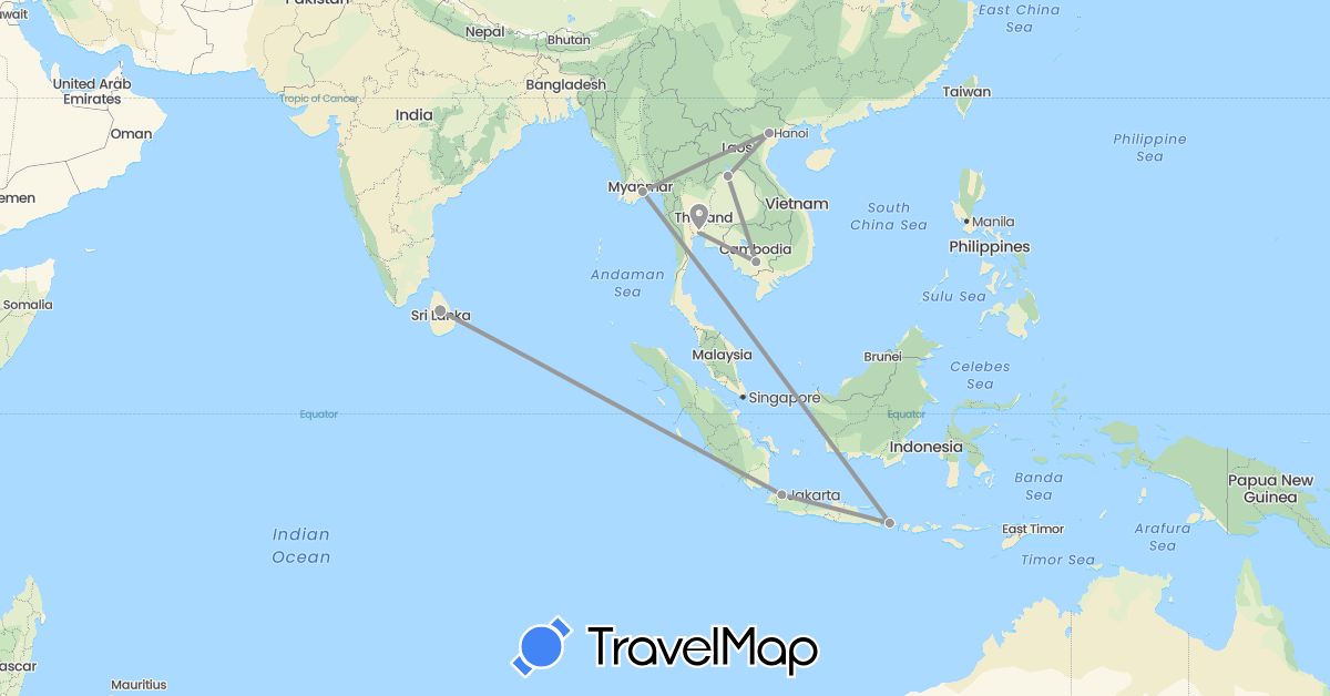 TravelMap itinerary: plane in Indonesia, Cambodia, Laos, Sri Lanka, Myanmar (Burma), Thailand, Vietnam (Asia)